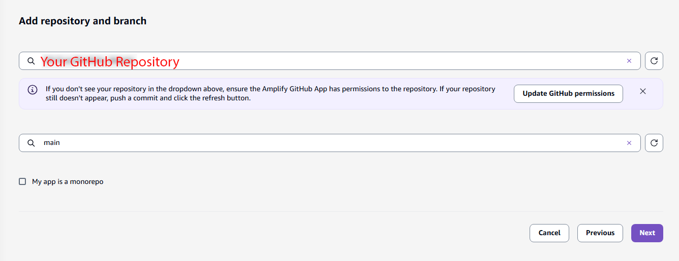 Select GitHub repo and main branch in Amplify