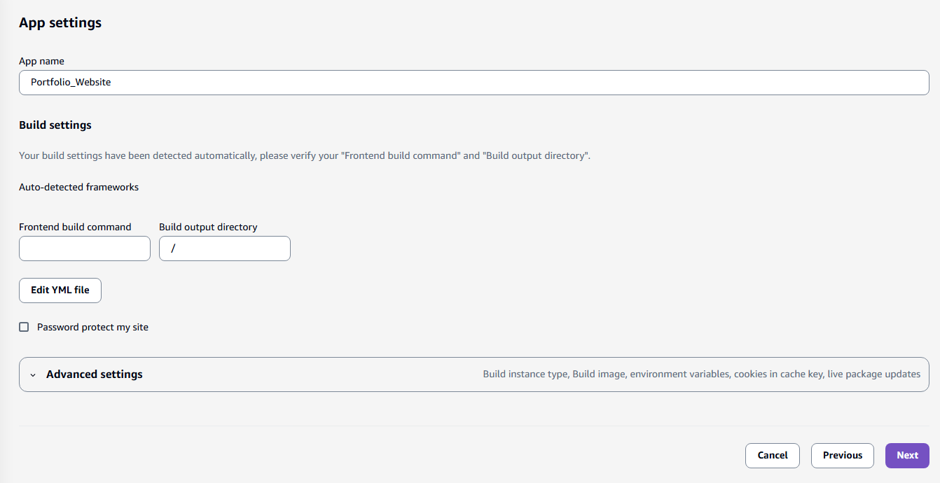 Amplify default build settings