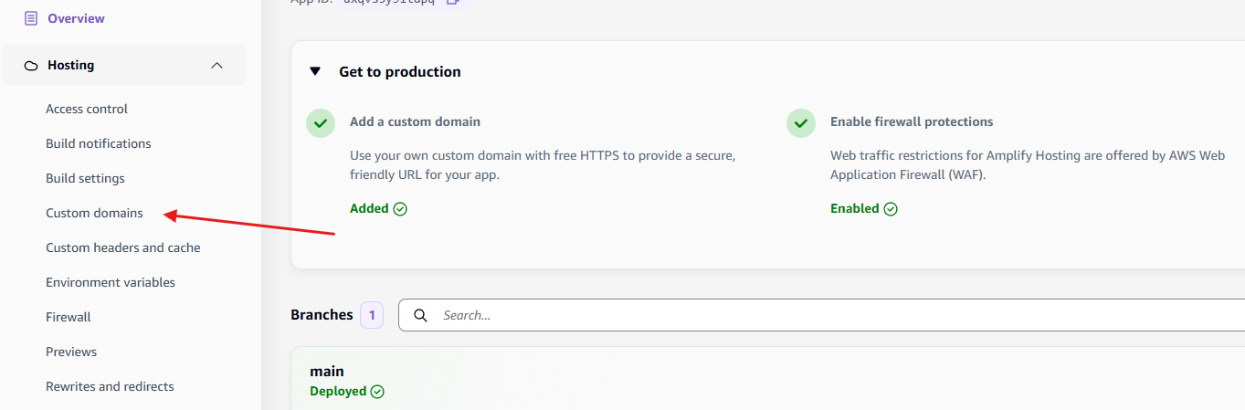 Amplify hosting menu