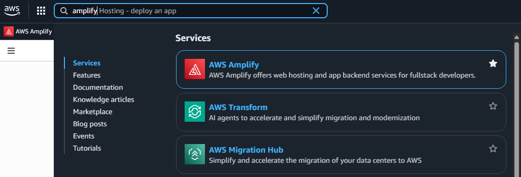 Search for Amplify in AWS console